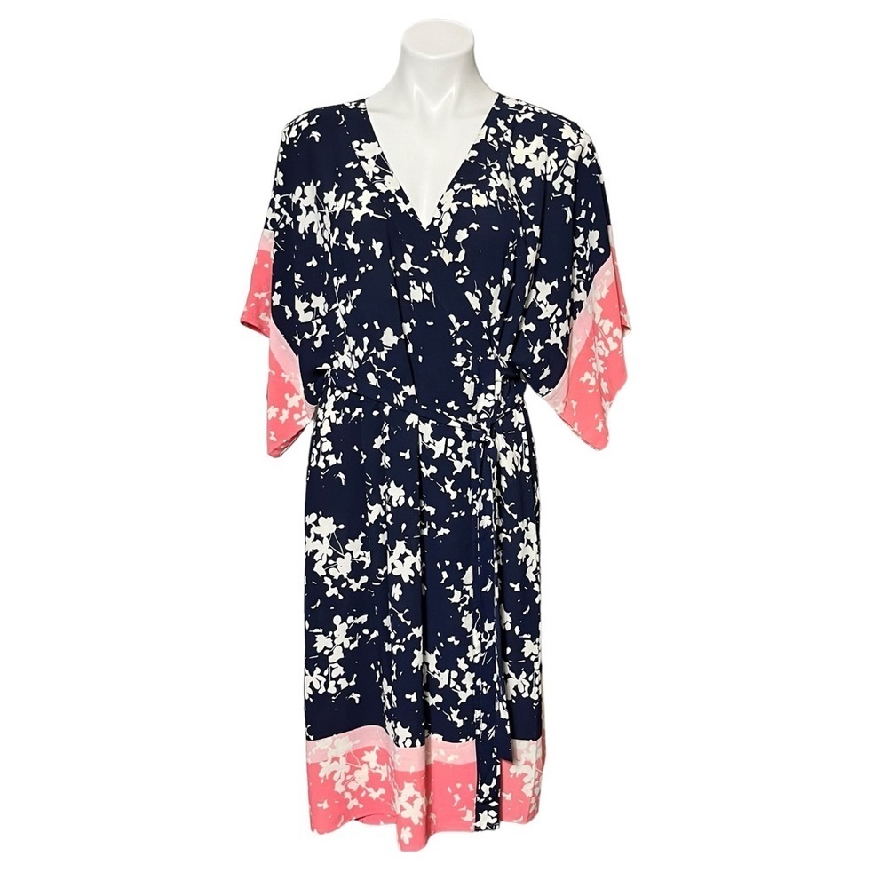 Motherhood Maternity Floral Kimono Style Wrap Dress Size Large Navy/Coral
